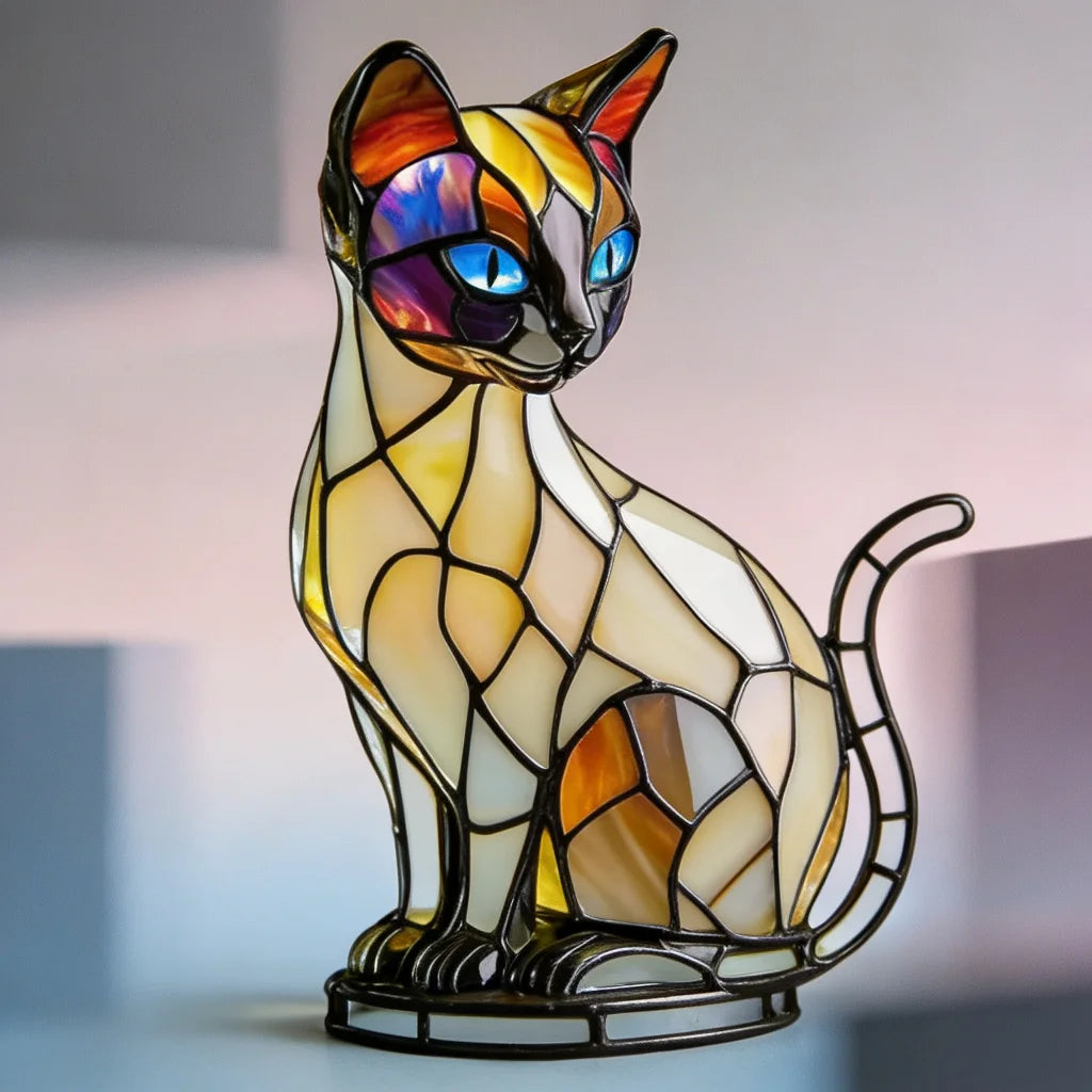 Stained Glass Cat LED Night Light | Resin Tabletop Lamp