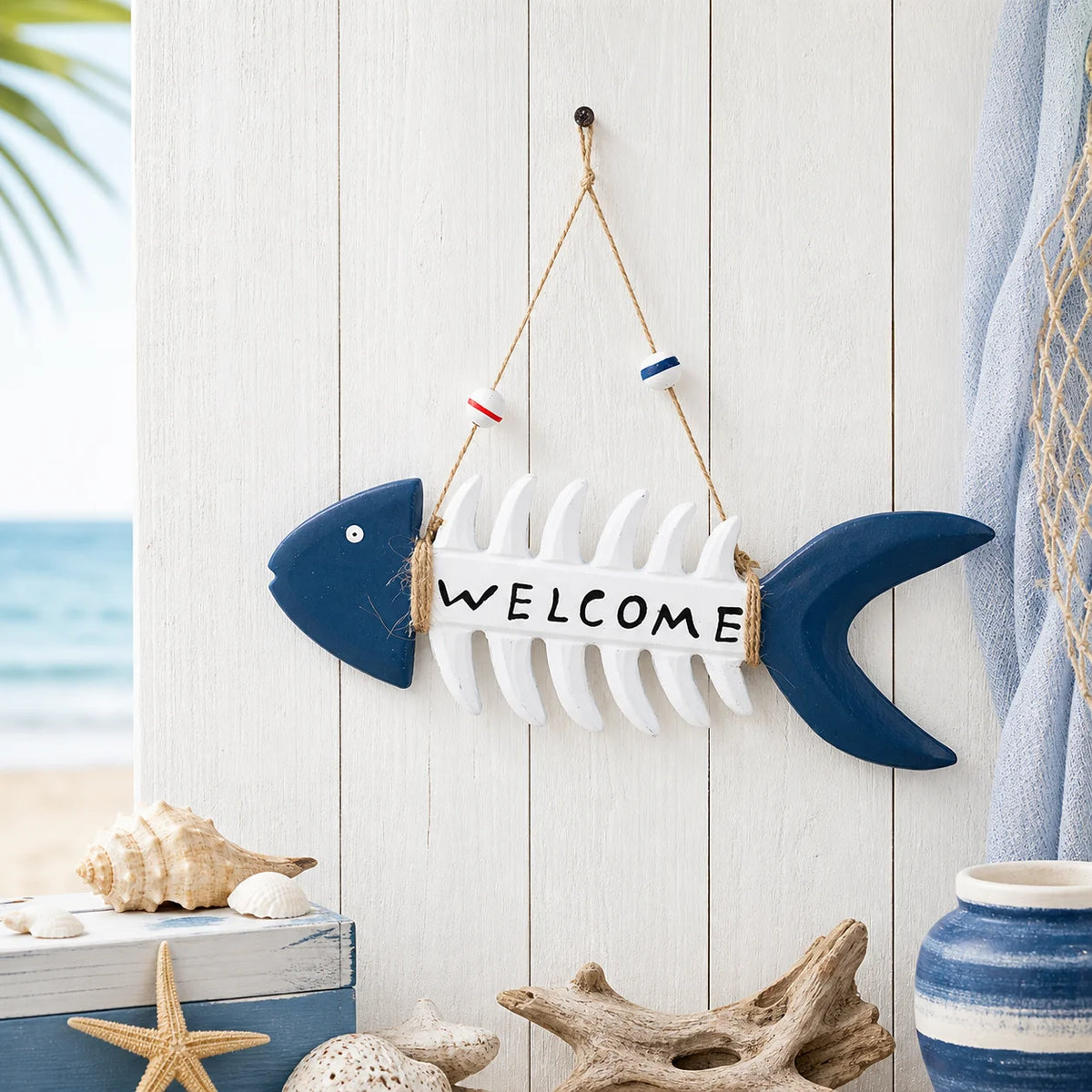 Nautical Fishbone Welcome Sign | Rustic Coastal Wall Decor