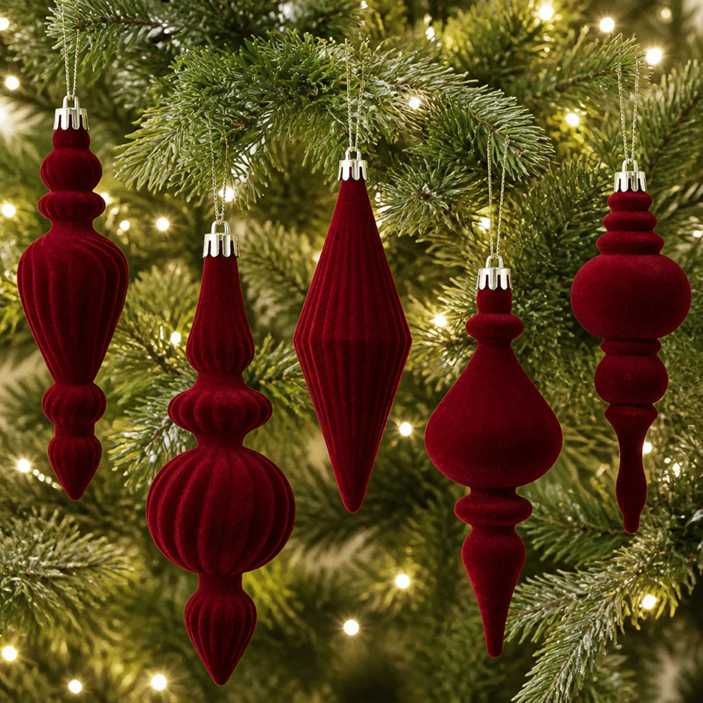 Flocked Irregular Christmas Ornaments – 6-Piece Burgundy Set