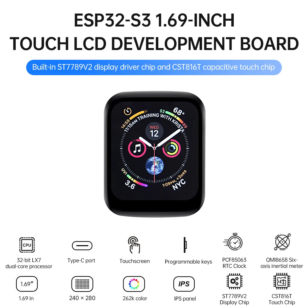 ESP32-S3 1.69" LCD Dev Board | Wi-Fi Bluetooth Type-C