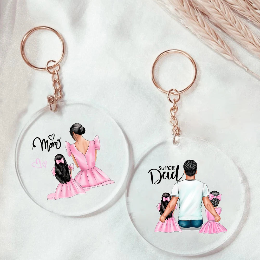Super Mom & Dad Acrylic Keychain | Transparent Circle Keyring Gift