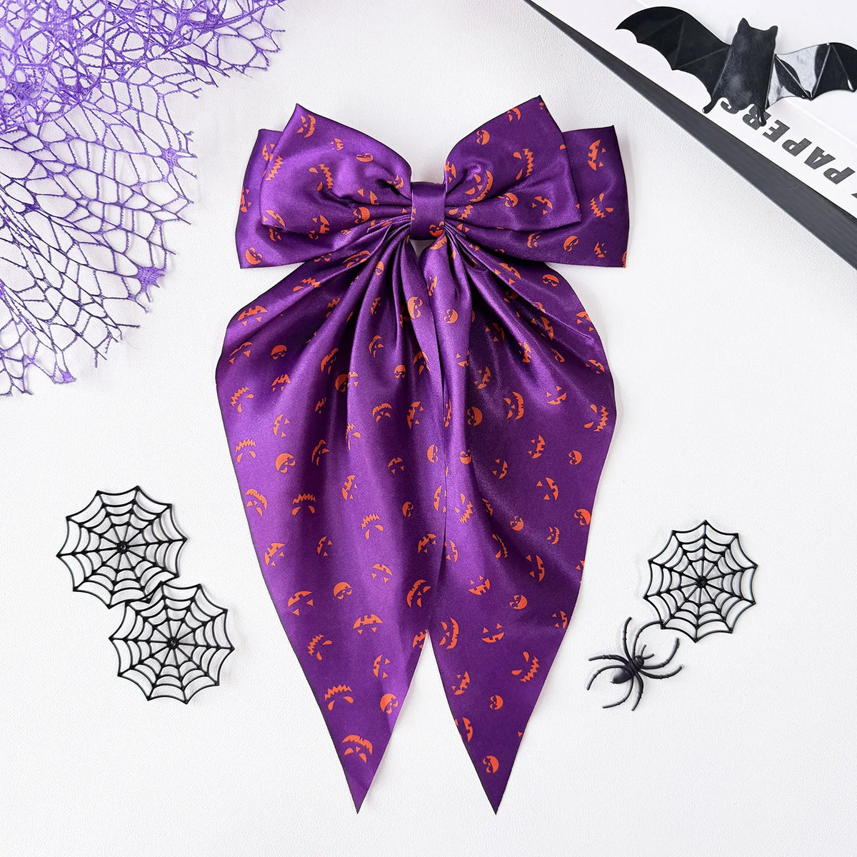 Halloween Satin Bow Hair Clip – Spider Web Pumpkin Barrette