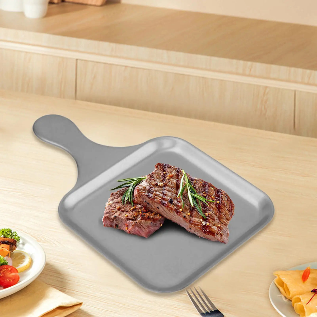 Stainless Steel Serving Tray with Handle | Steak & Food Plate