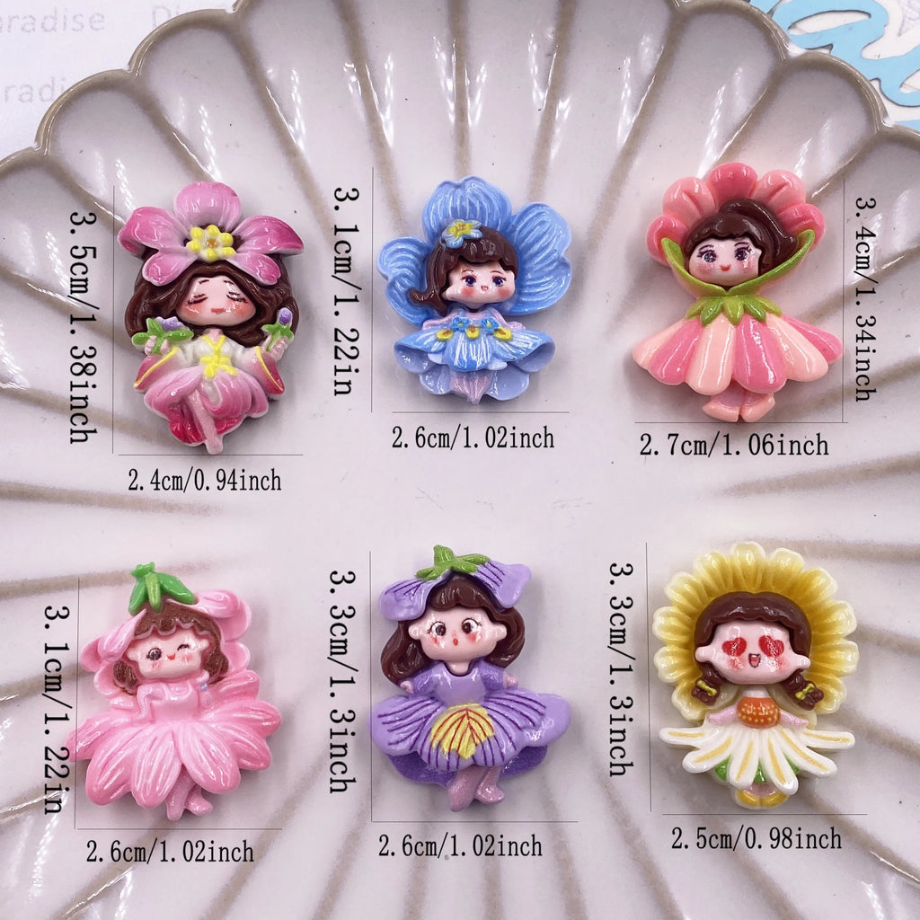 6-Piece Kawaii Resin Flower Girl Flatback Figurines for DIY Crafts