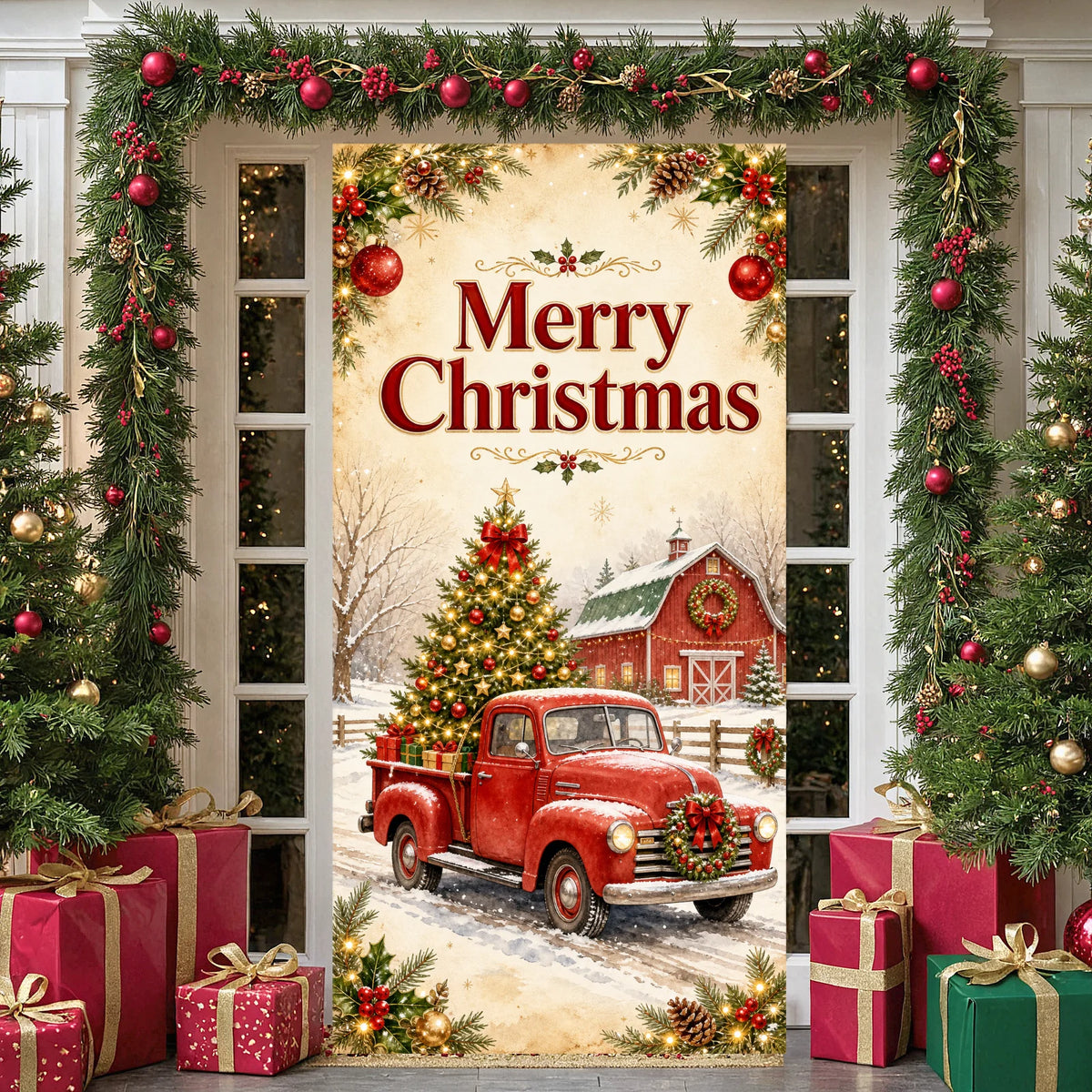 Rustic Christmas Photo Backdrop Party Banner 180×90cm
