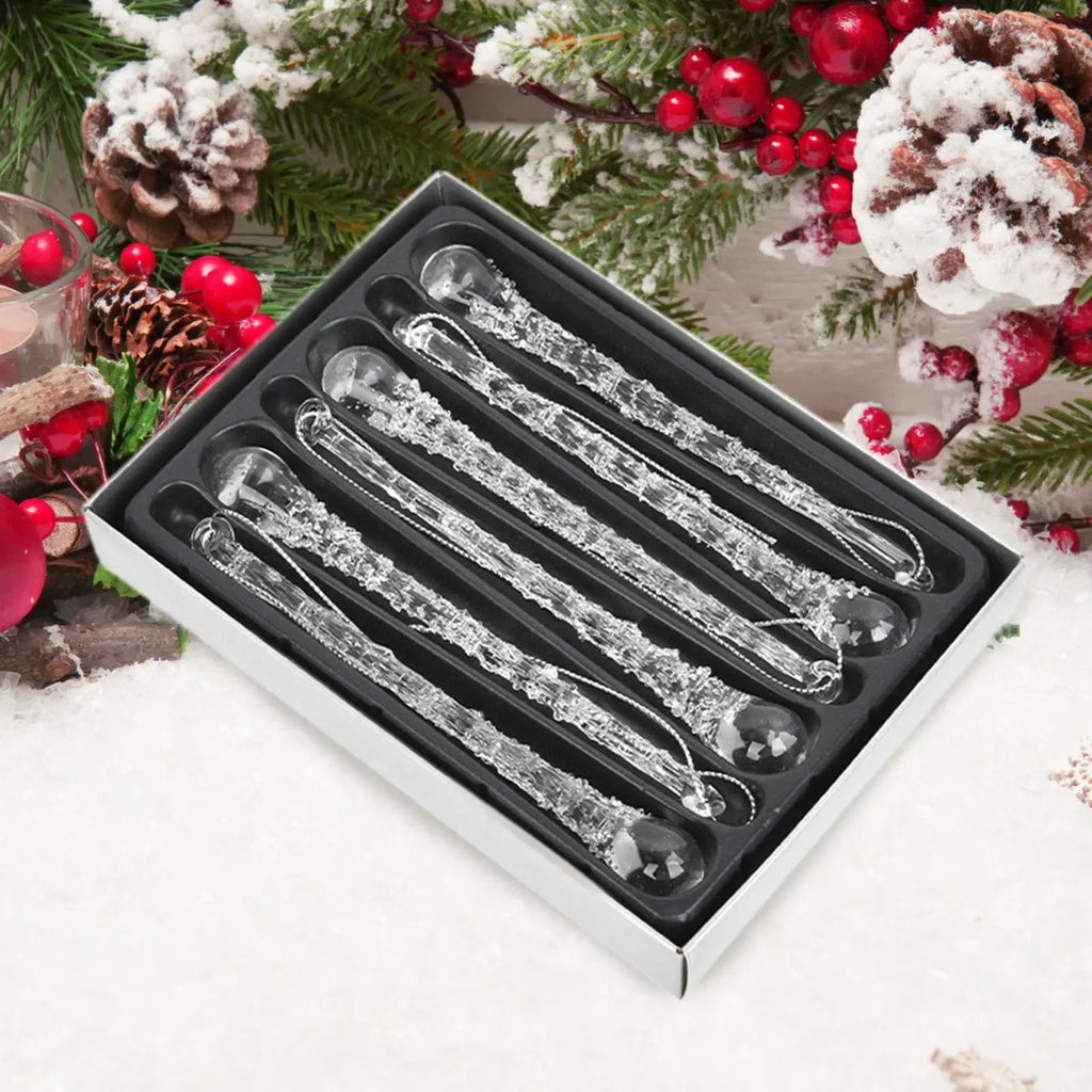 Glass Christmas Icicle Ornaments – Clear Tree Pendants Set of 6