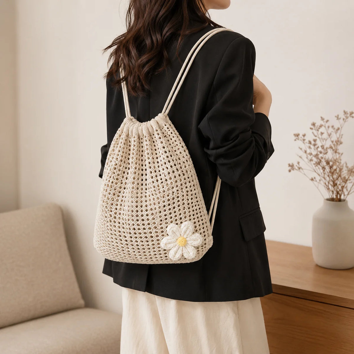 Women's Crochet Drawstring Backpack – Daisy Flower Knit Bag