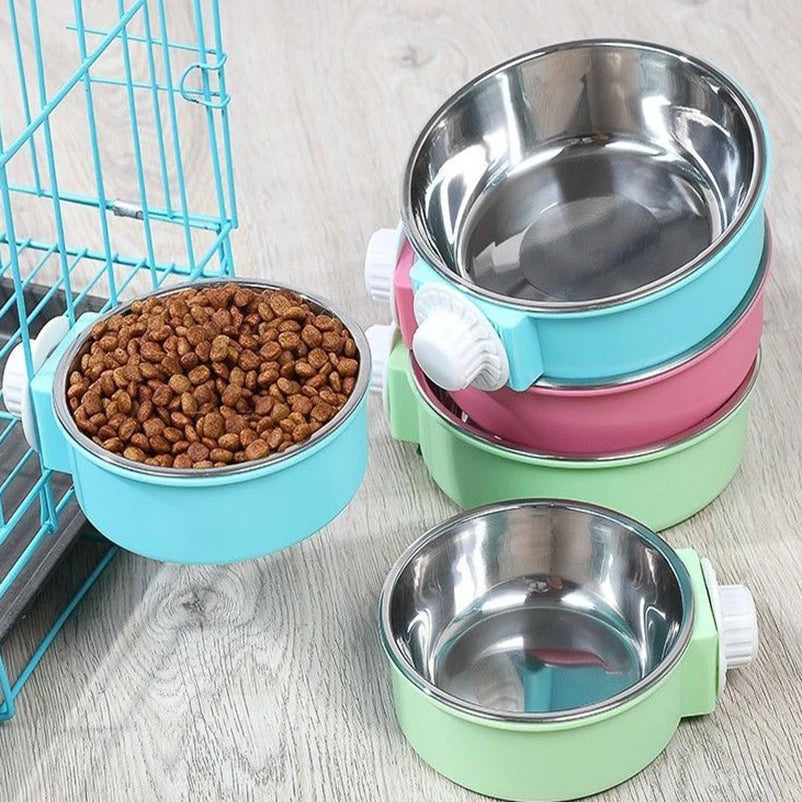 Stainless Steel Cage Hanging Pet Bowl – Anti-Tip Detachable
