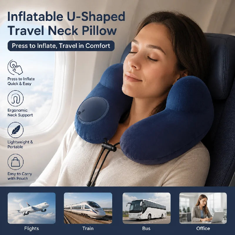 Inflatable U-Shape Travel Neck Pillow with Plush Cover & Bag