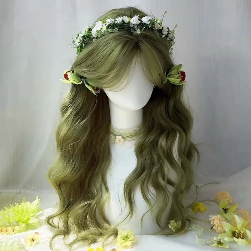 Dark Green Long Curly Wig – Wavy Middle Part Cosplay Hairpiece