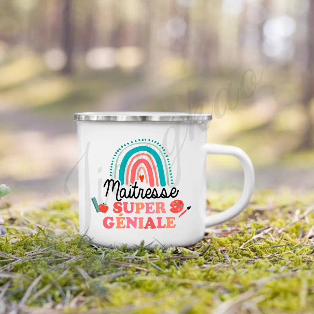 Teacher Gift Enamel Coffee Mug – Vintage Cartoon Print