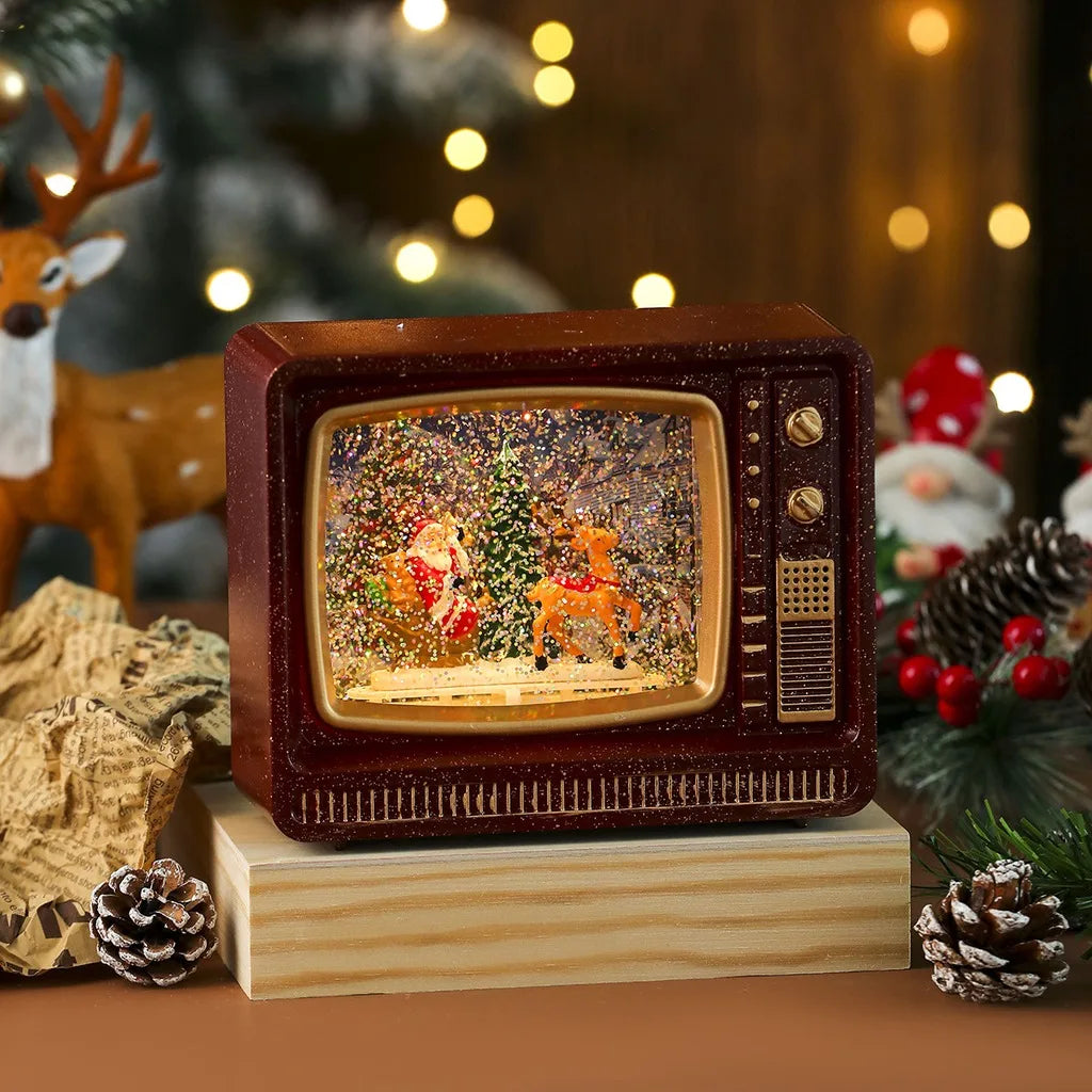 Vintage TV LED Christmas Snow Globe Music Box Ornament