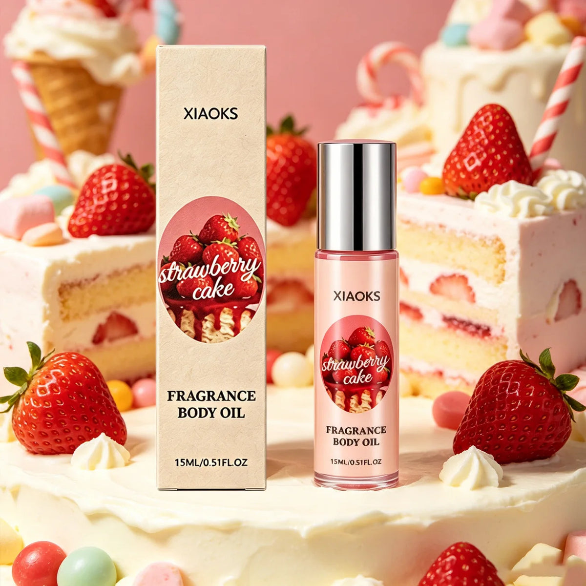 Strawberry Cake Roll-On Perfume Oil – 15ml Alcohol-Free Scent