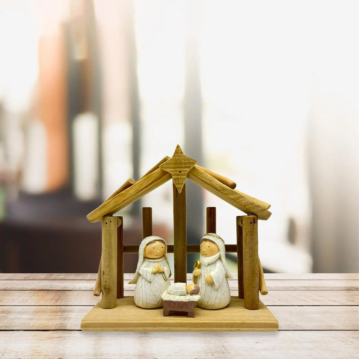 Nativity Scene Figurine – Wood Resin Christmas Manger Statue