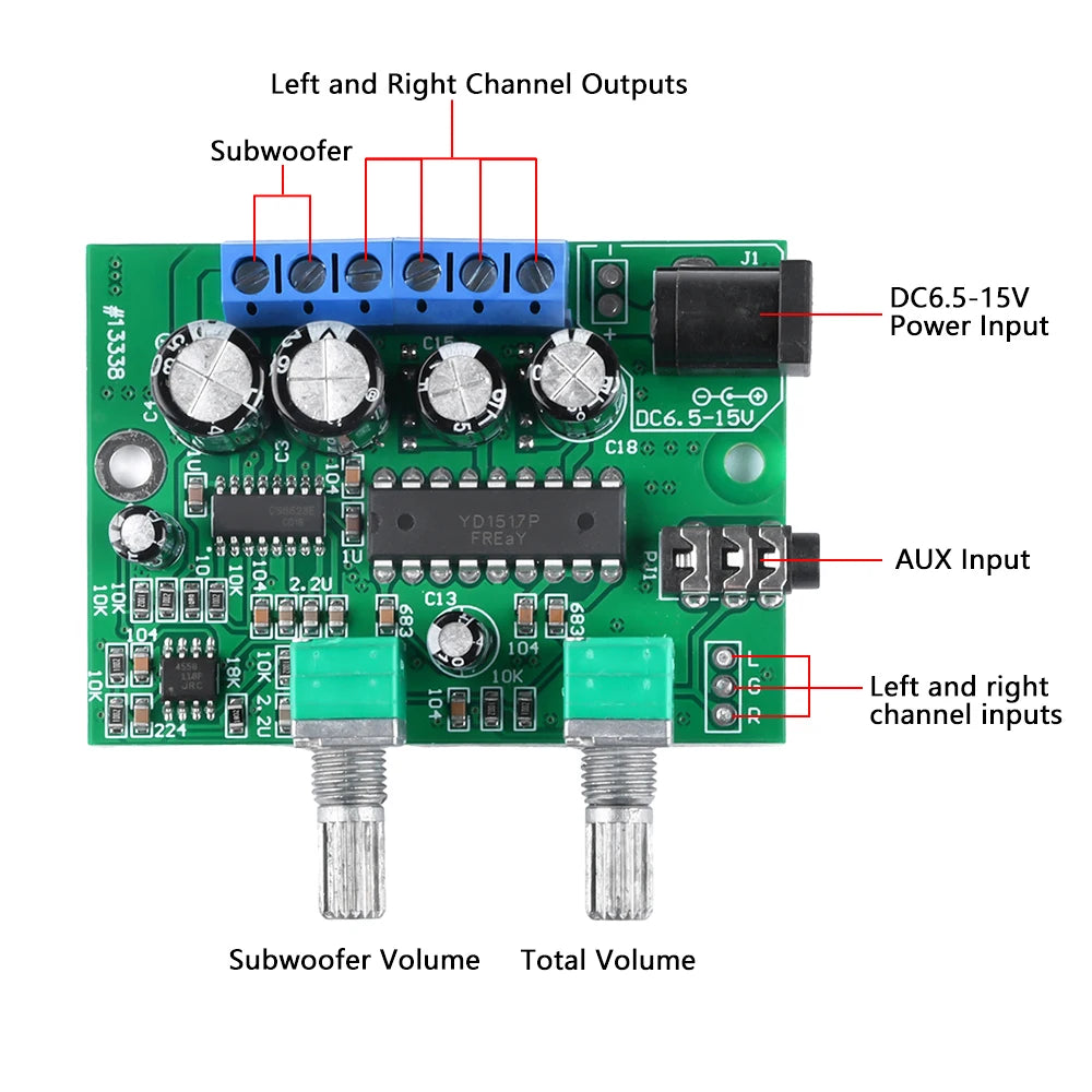 2.1-Channel Class D Mini Amplifier Board 6W+6W+25W Subwoofer