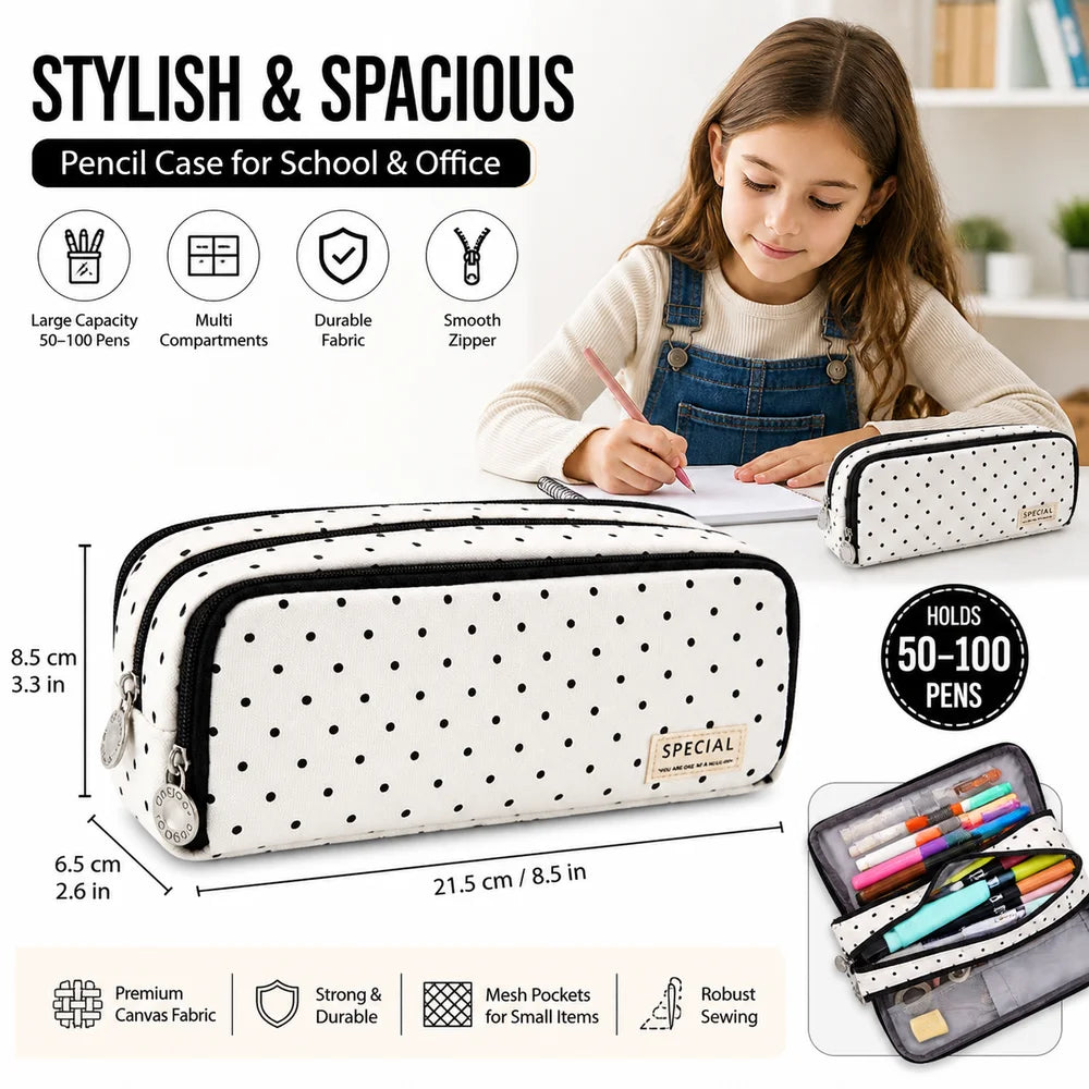 Polka Dot Pencil Case – Large Capacity Multi-Compartment Bag
