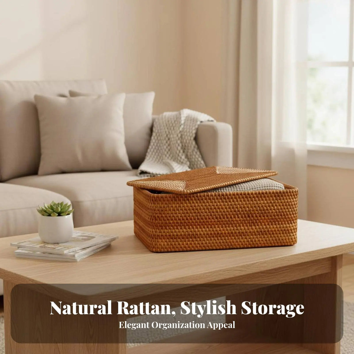 Rectangular Wicker Storage Box with Lid & Handles | Rustic