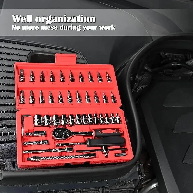 46-Piece 1/4" Socket Ratchet Wrench Set – Car Repair Kit