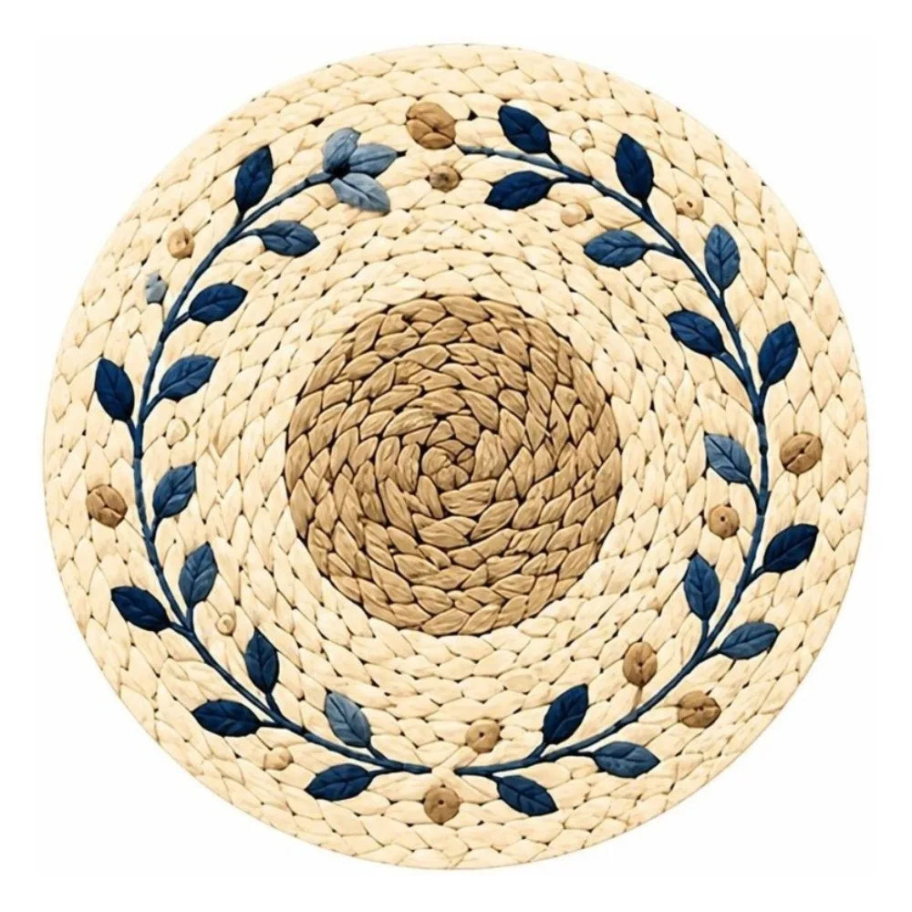 Round Flower Printed Placemat – 15" Wipeable Rattan-Look Mat