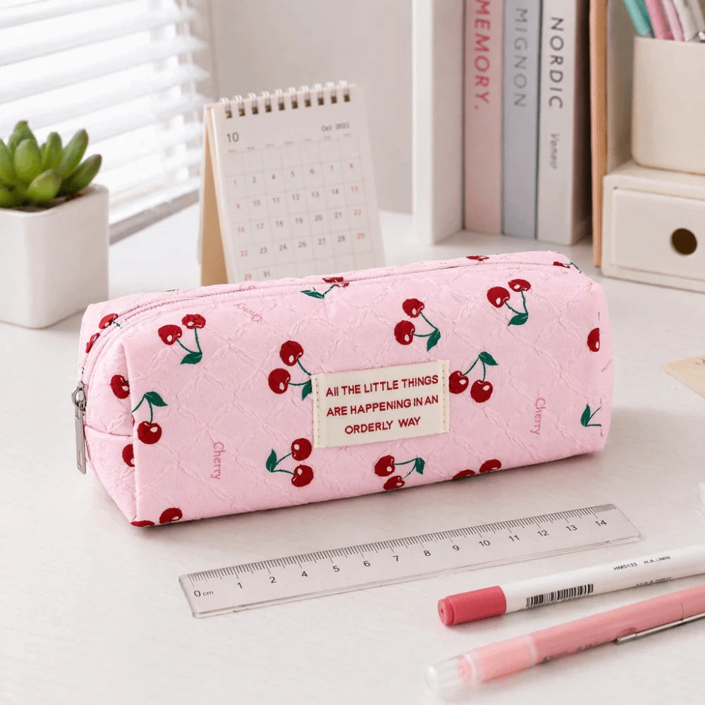 Korean Cherry Print Pencil Case – Large Capacity Quilted Pouch
