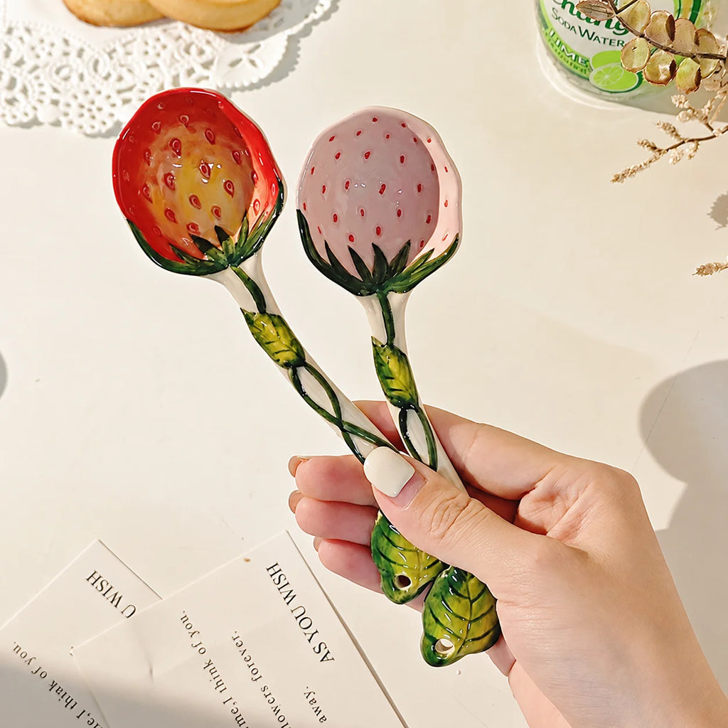 Hand-Painted Ceramic Strawberry Spoon – Long Handle Kitchen