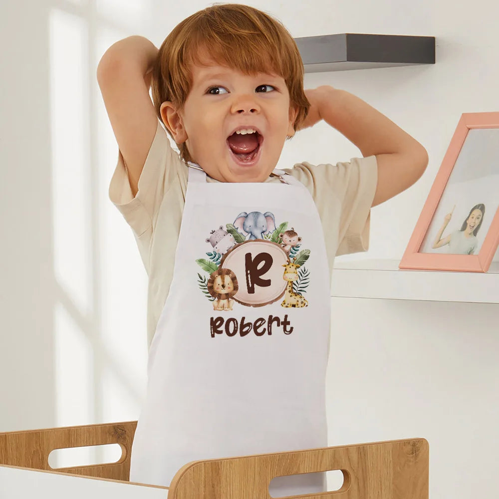 Personalized Kids Cooking Apron – Safari Animals Name & Initial