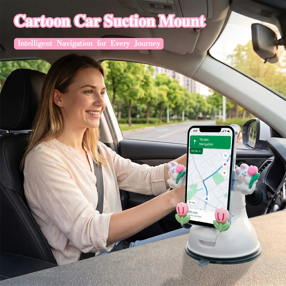 Cute Rabbit Tulip Car Phone Holder – Suction Cup Dashboard Mount