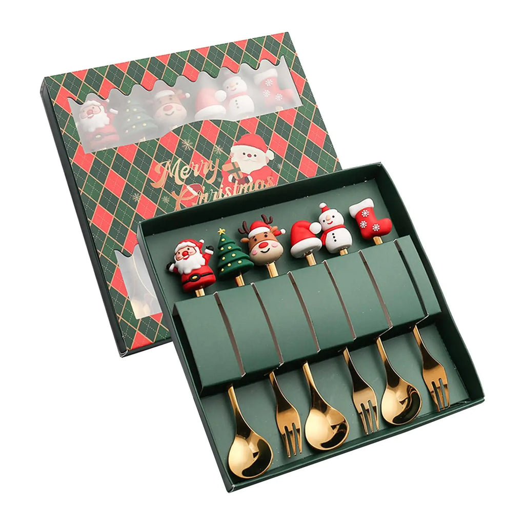 Christmas Stainless Steel Dessert Spoons & Forks Set – 6 Pc