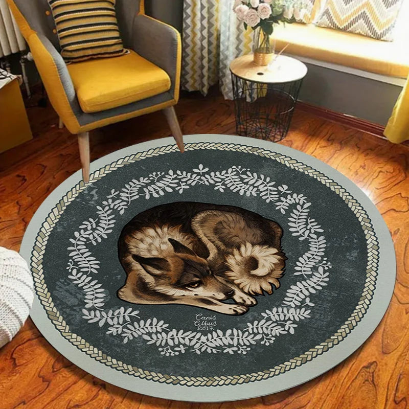 Wolf Couple Round Area Rug – Green Leaf Wreath Print | Cabin Decor