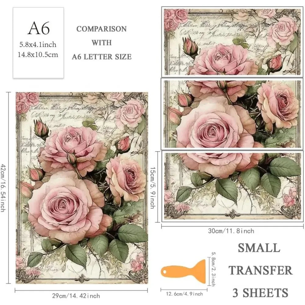 Pink Roses Rub-On Transfers for Furniture & Crafts – 3-Pack