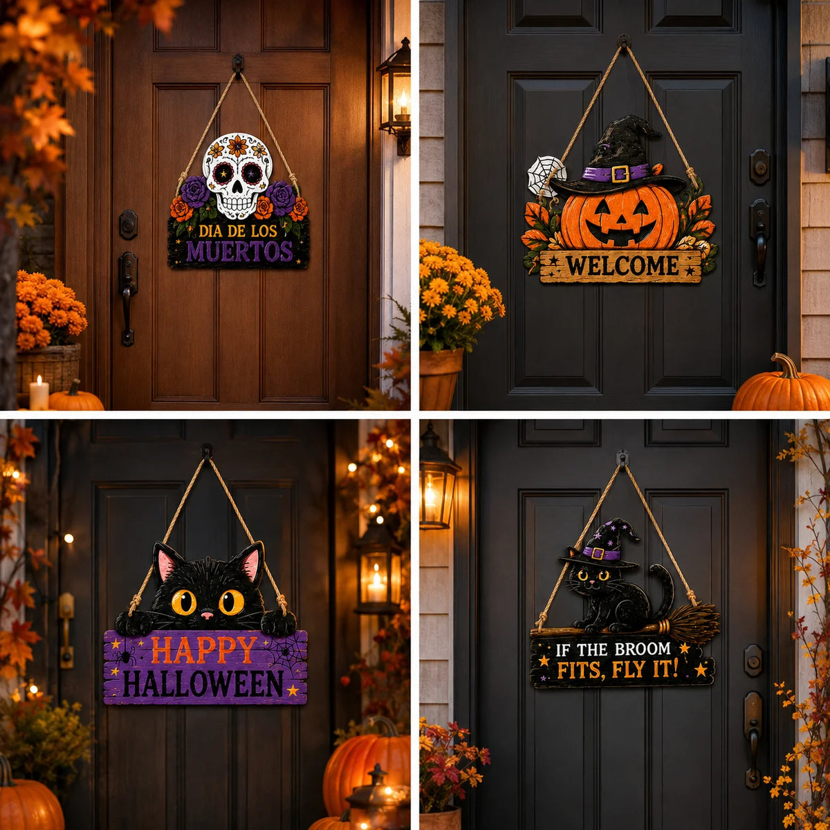 Halloween Wooden Door Sign – Black Cat Pumpkin Skull Plaque