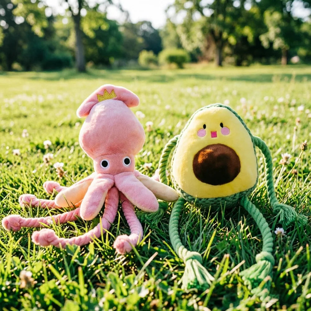 Chew-Resistant Squeaky Pet Toy – Avocado & Octopus Knot Doll
