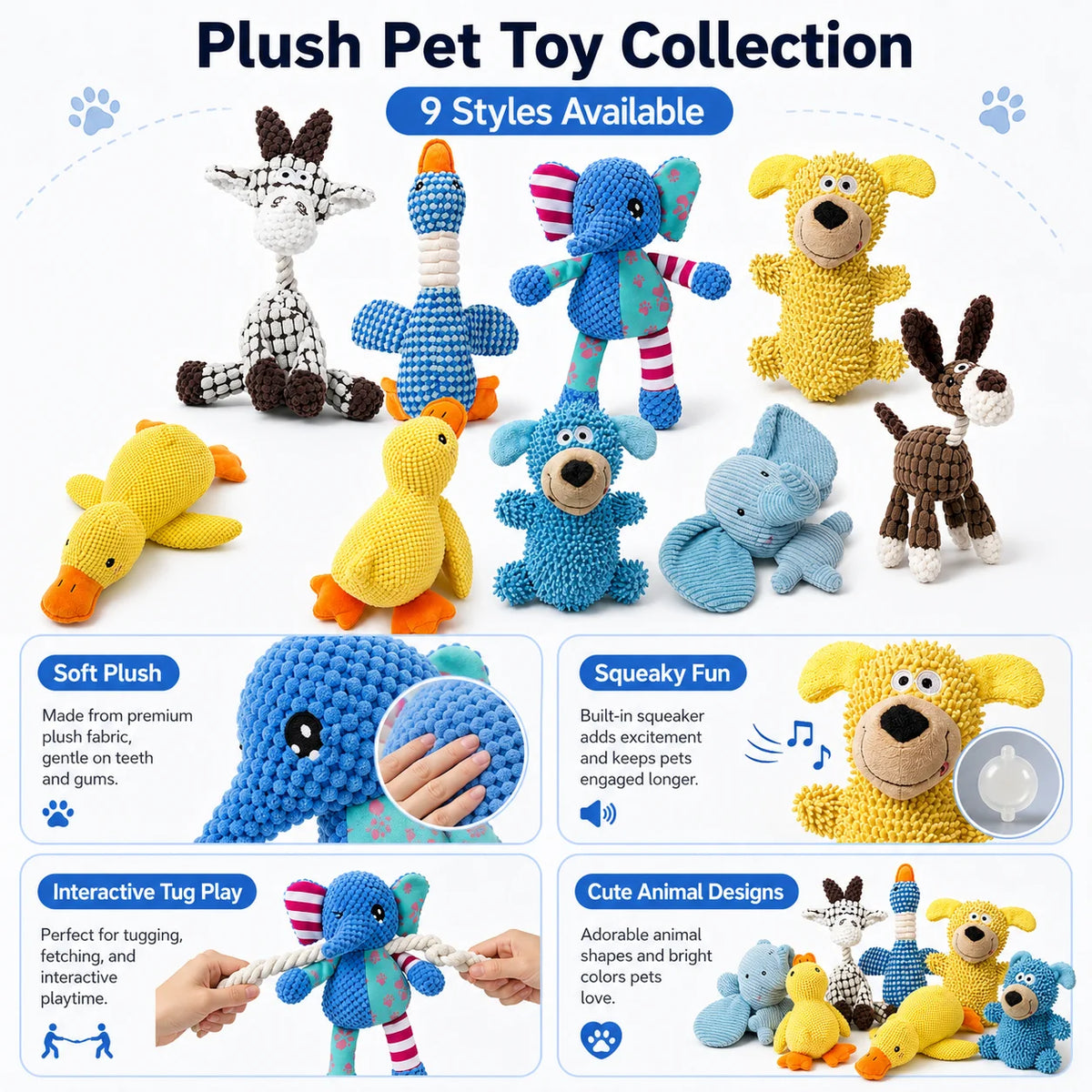 Cute Animal Plush Squeaky Dog Toys – 9 Styles for Puppies