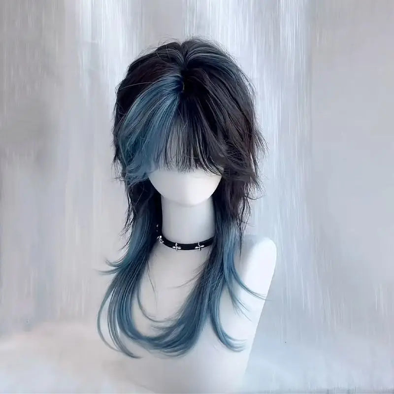 Black Blue Wolf Cut Wig – Layered Jellyfish Mullet Highlights