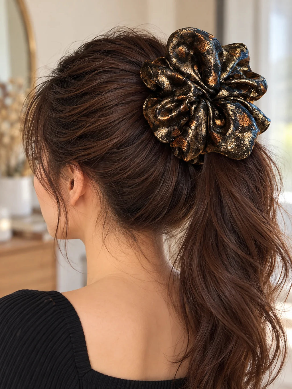 Oversized Leopard Print Scrunchie – Vintage Metallic Hair Tie