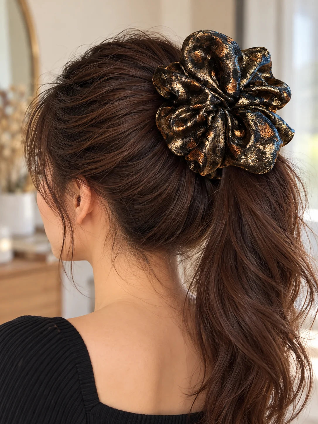 Oversized Leopard Print Scrunchie – Vintage Metallic Hair Tie