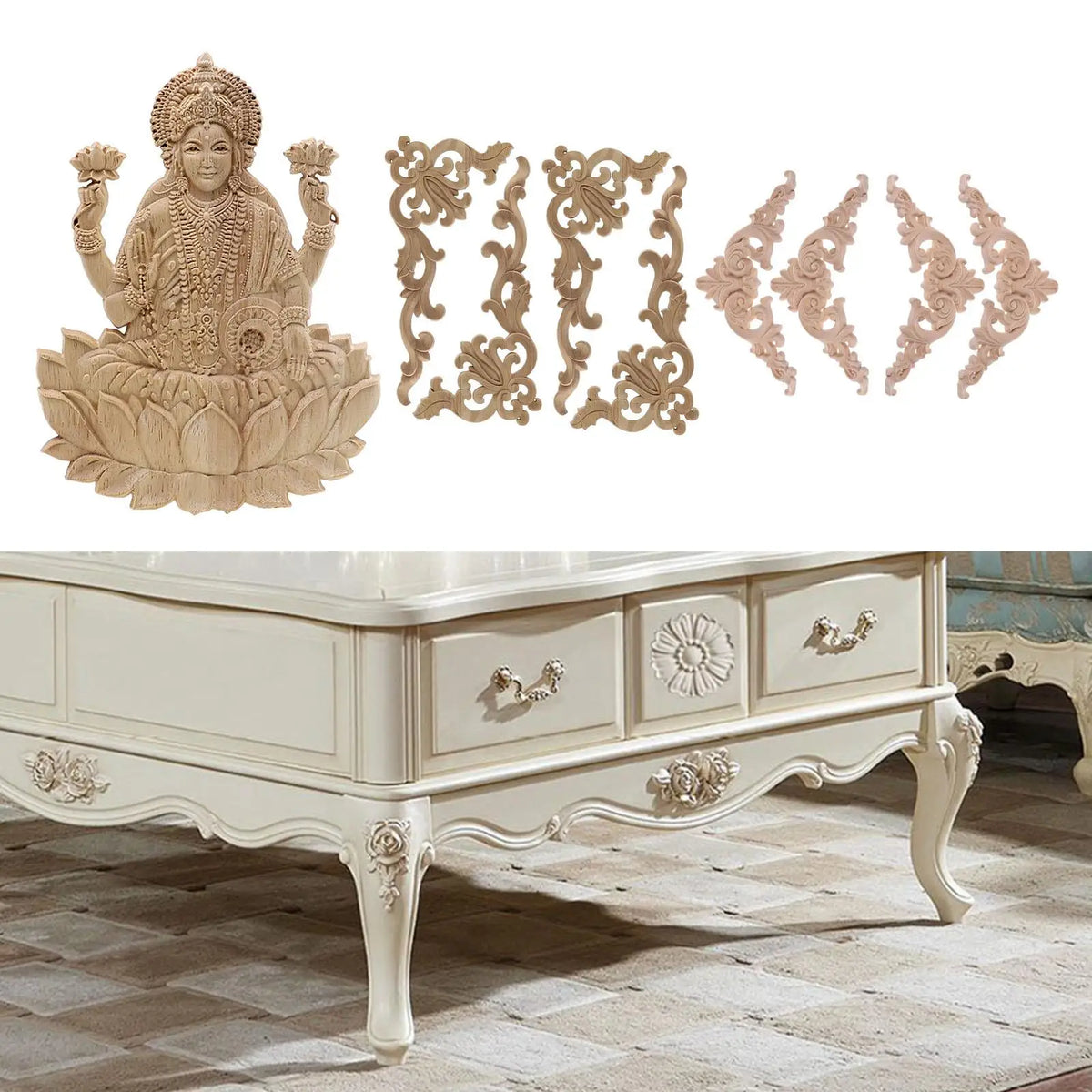 Wood Carved Applique Corner Onlay | 4-Pack Floral Décor