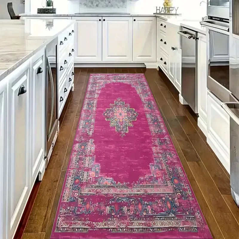 Fuchsia Persian Medallion Runner Rug – Washable Non-Slip Mat