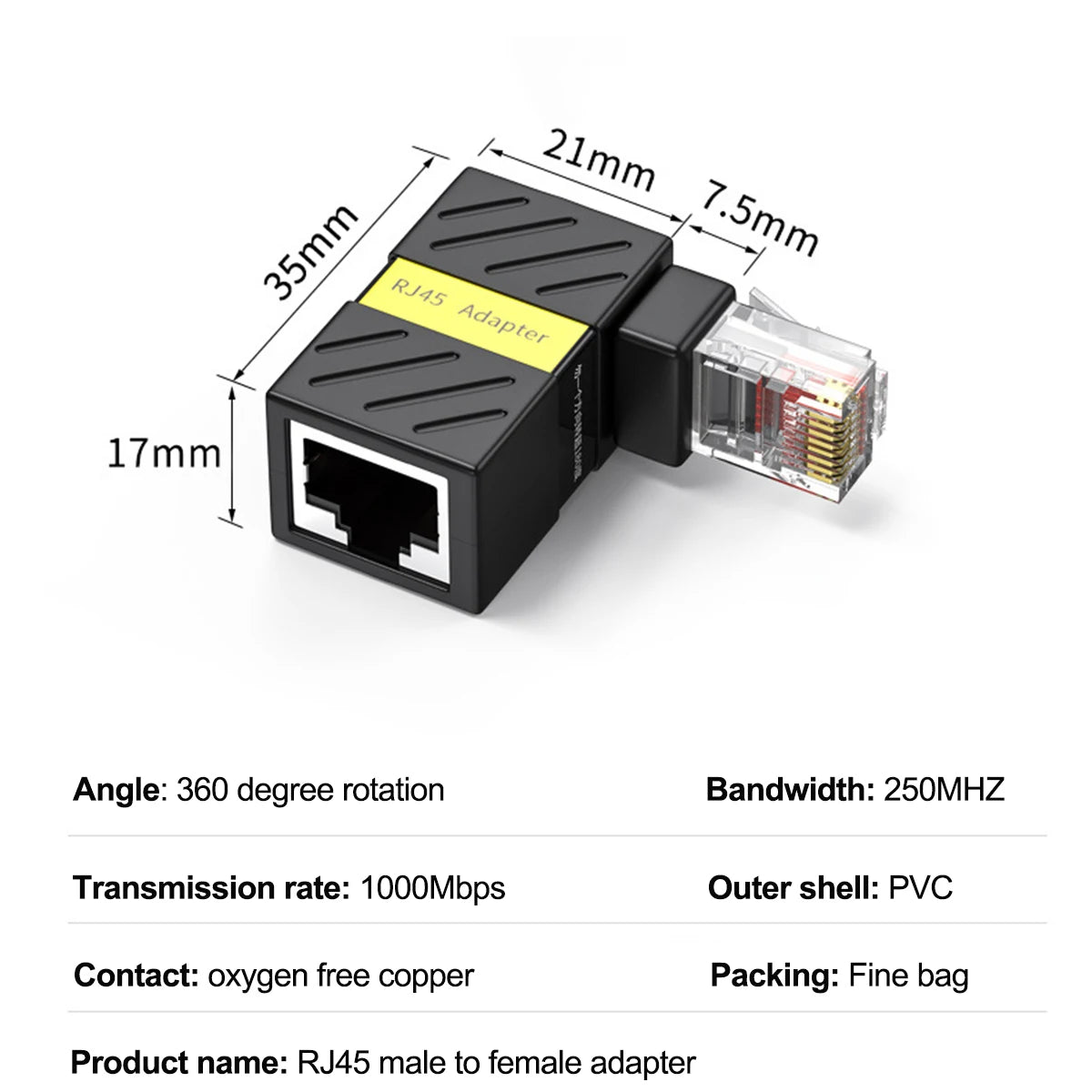 RJ45 90° Rotating Adapter | Male to Female Cat5/Cat6 Extender
