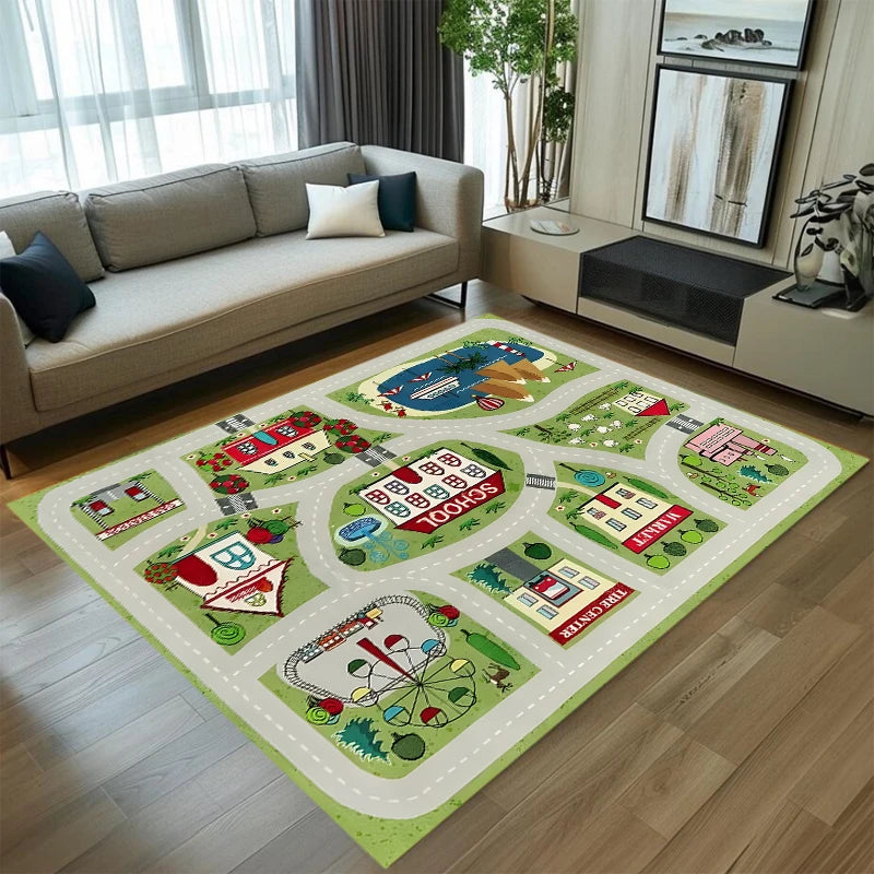 Pink Kids Play Rug – Town Road Track Mat, Non-Slip & Washable