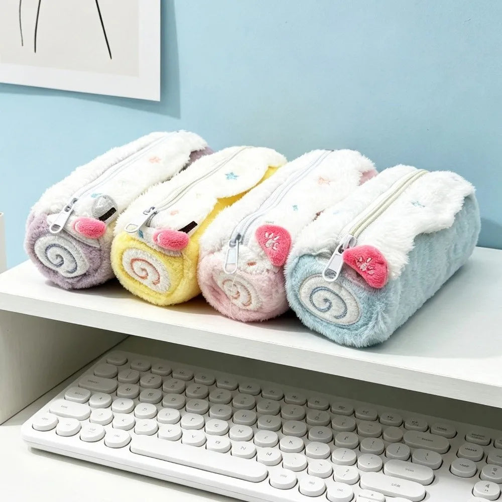 Kawaii Swiss Roll Plush Pencil Case – Large Capacity Pen Bag