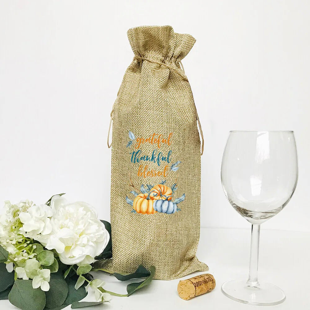 Thankful Grateful Blessed Burlap Wine Bottle Gift Bags