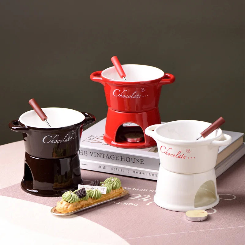 Ceramic Chocolate Melting Cup Set with Fork & Candle Base