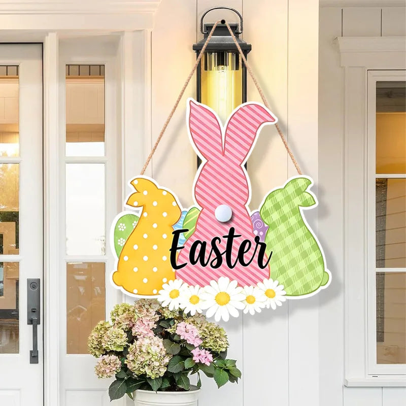 Easter Wooden Hanging Door Sign – Rabbit & Egg Plaque 12"