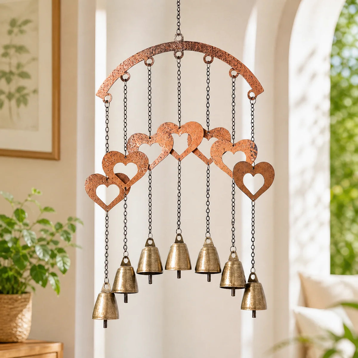 Rustic Heart Wind Chime with Brass Bells | Metal Garden Decor