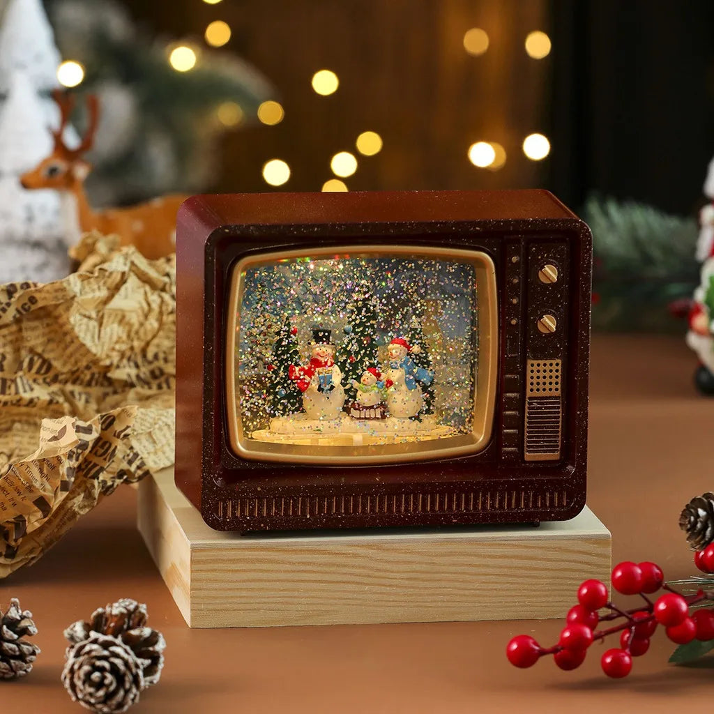 Vintage TV LED Christmas Snow Globe Music Box Ornament