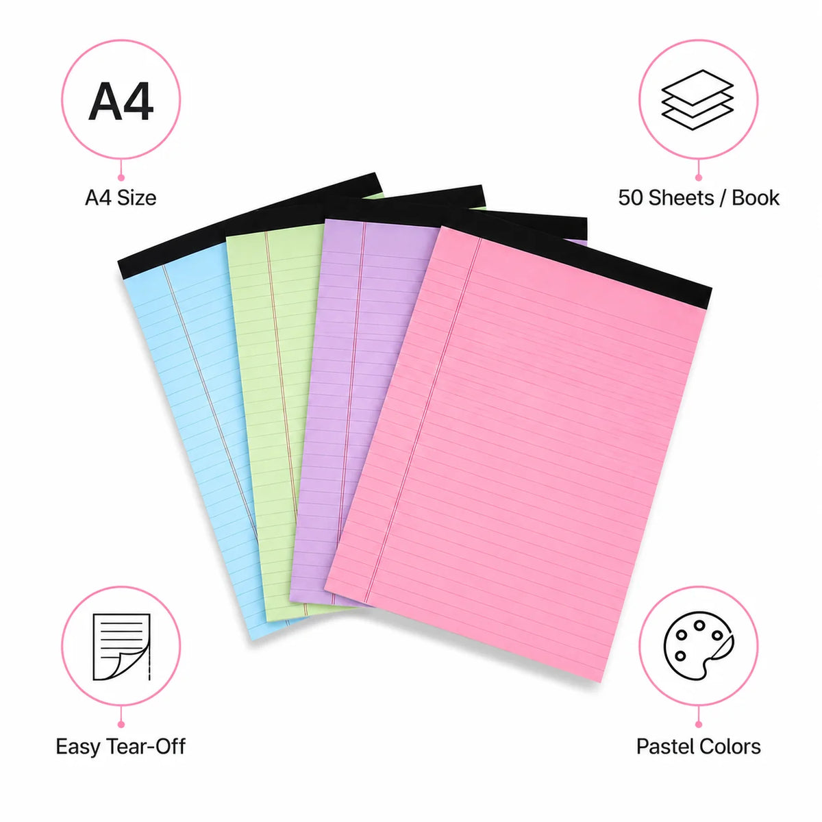 Set of 4 A4 Lined Tear-Off Notepads – Pastel Colors, 50 Sheets