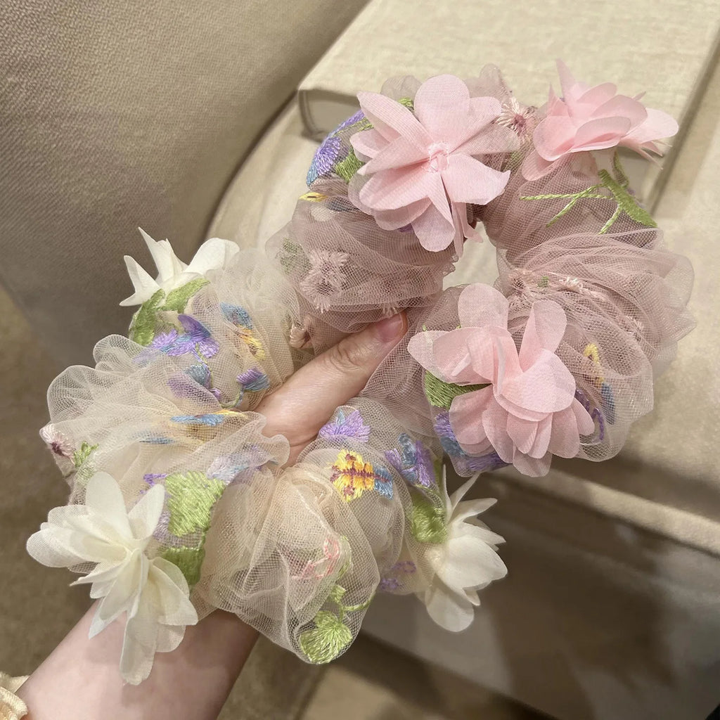 Flower Embroidery Netting Hair Bow – Ponytail & Headband