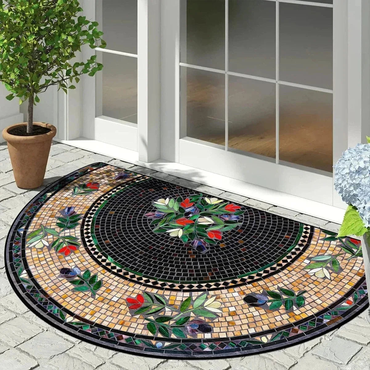 Vintage Mosaic Half Round Doormat – Non-Slip Entry Rug