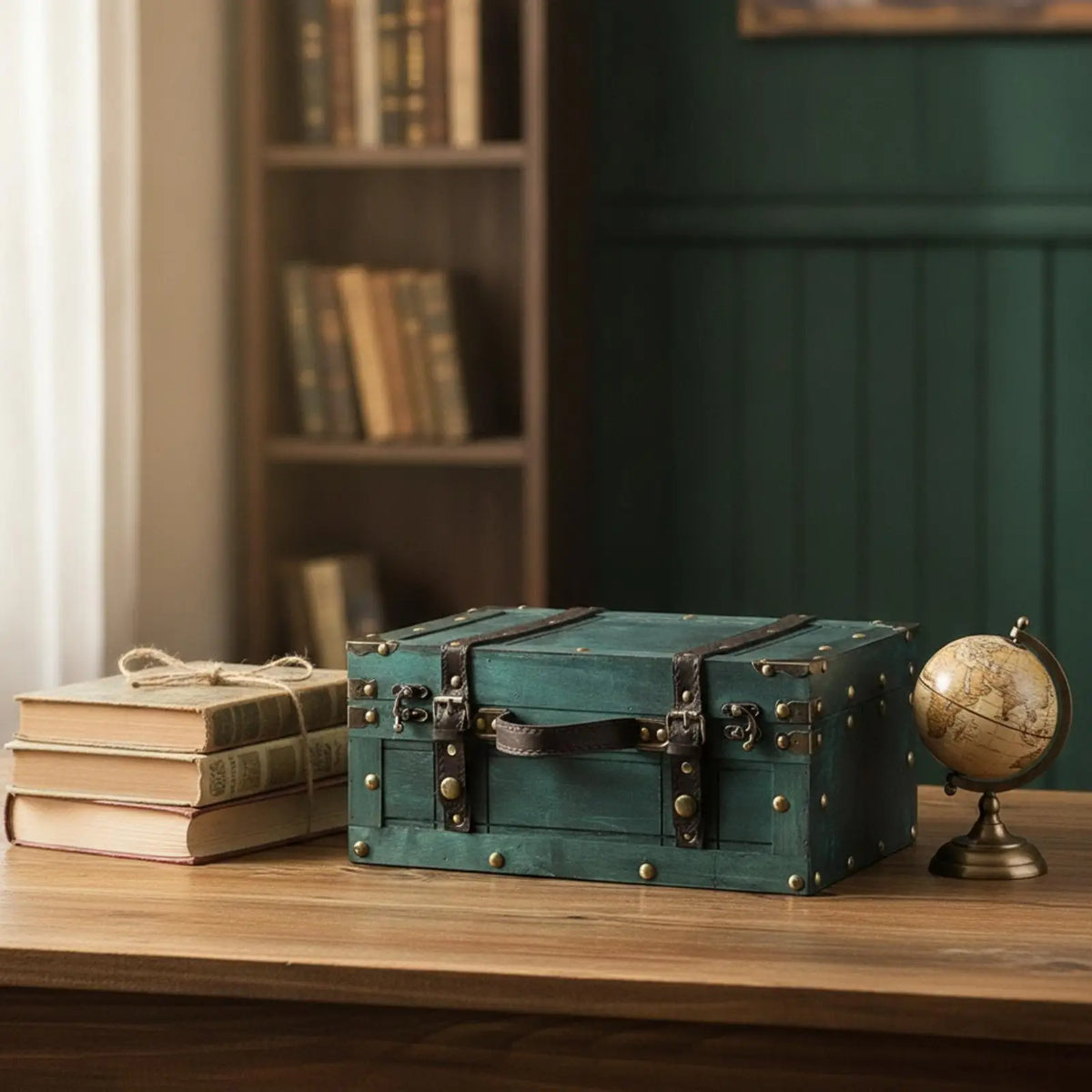 Vintage Ebony Wood Suitcase Box with Leather Handle